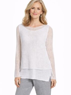 Eileen Fisher Linen Knit Mesh Overlay Tiered Layered Sweater Top White Size XXS